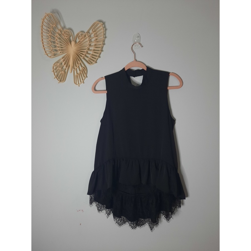 Kaari Blue Petite PM Black Sleeveless Mock Neck Ruffle Lace Hem Blouse NWT